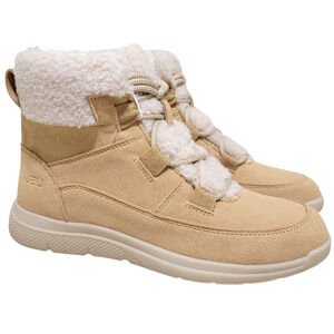 JBU Women Faux Fur Cuff Combat Hiking Boots Freeze Size US 9.5M Tan Faux Suede